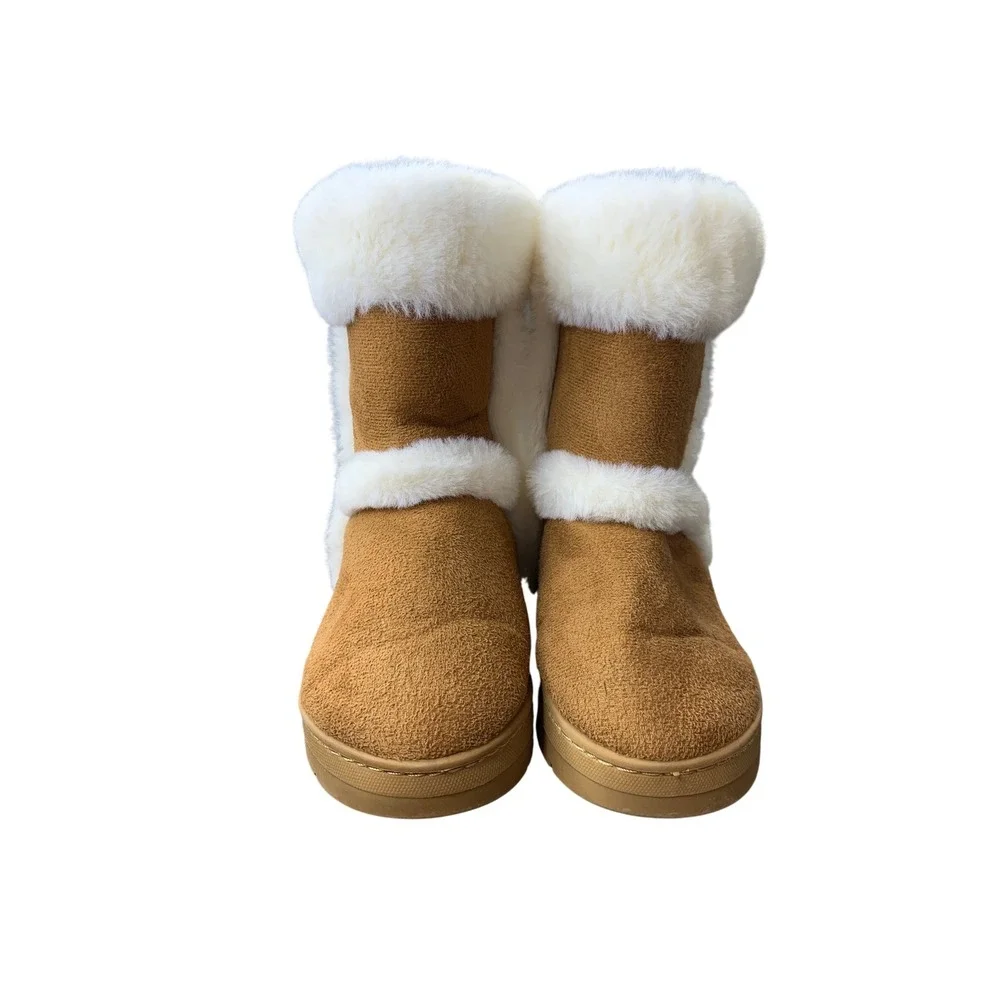Bebe Girls Faux Fur Winter Boots Tan Brown‎ w/ Rhinestone Buckle Accent Size 11
